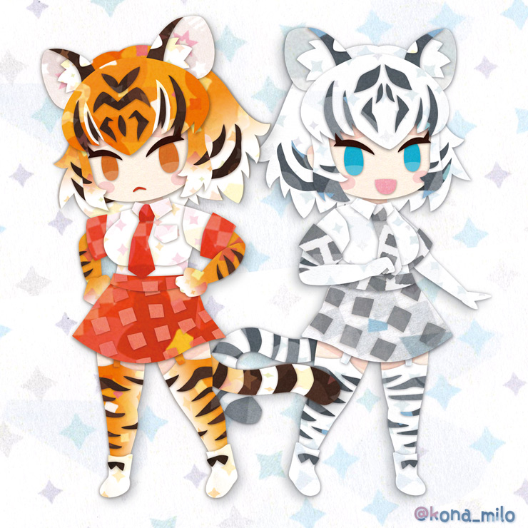 2girls animal_ears animal_print blue_eyes boots brown_eyes brown_hair elbow_gloves extra_ears gloves kemono_friends kikuchi_milo looking_at_viewer multiple_girls necktie shirt short_hair simple_background skirt tail tiger_(kemono_friends) tiger_ears tiger_girl tiger_print tiger_tail white_hair white_tiger_(kemono_friends)