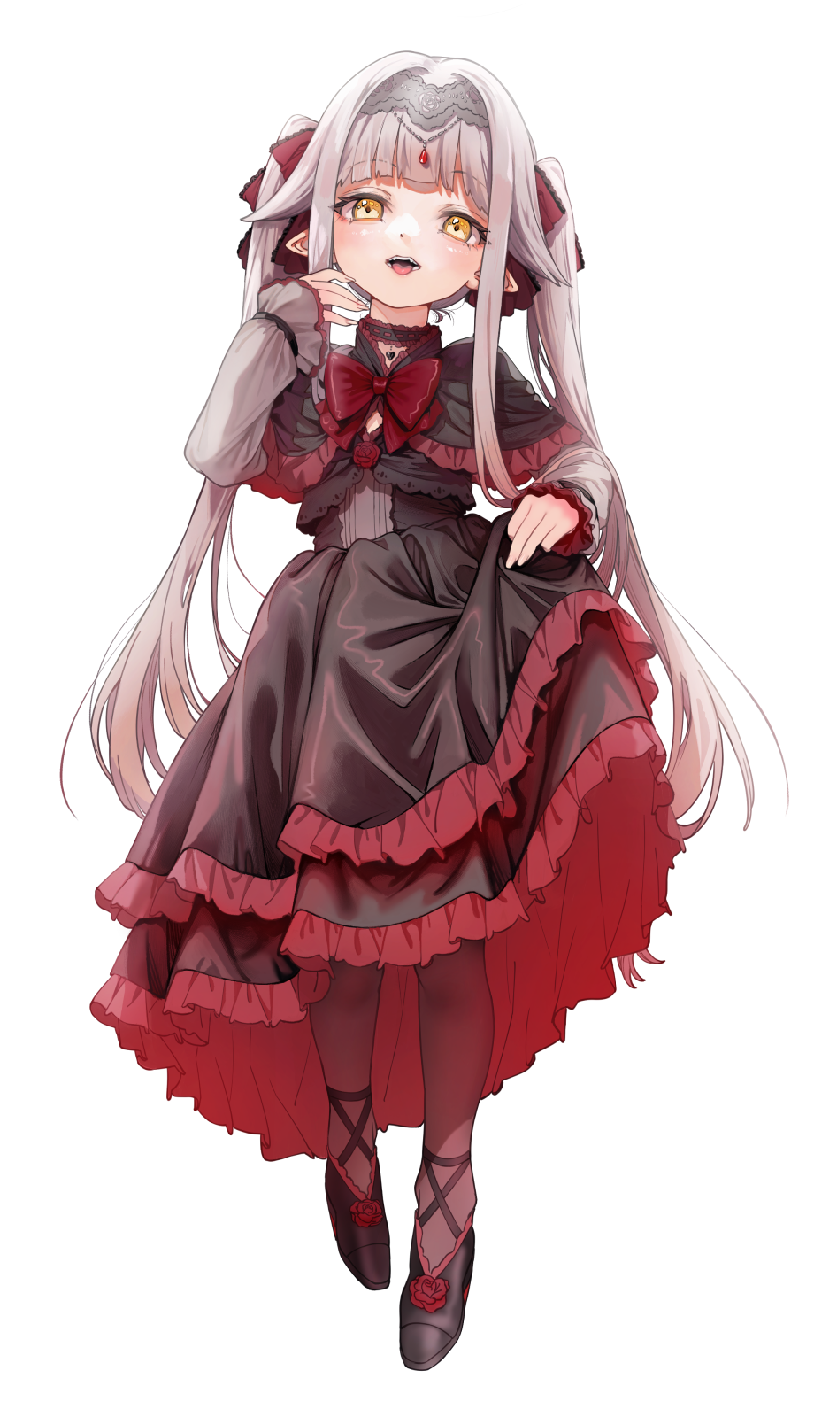 1girl atagumo_yuba black_dress bow bowtie choker dress fangs fingernails flat_chest flower footwear_flower full_body grey_hair hair_ribbon headpiece high_heels highres long_fingernails long_hair long_sleeves non-web_source open_mouth original pantyhose pointy_ears red_bow red_bowtie red_dress red_flower red_rose ribbon rose skirt_hold solo teeth tongue tongue_out transparent_background twintails two-tone_dress vampire yellow_eyes