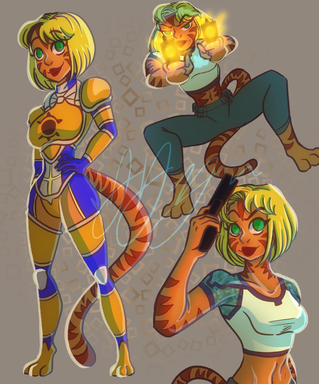 akimbo alien angry anthro armor bangs belly blonde_hair bob_cut bodysuit bottomwear breasts butt clixsposing_kitraandra clothing crop_top dual_wielding felid female green_eyes gun hair hand_on_hip handgun hi_res holding_object holding_weapon humanoid kitraandra mammal navel pantherine pants pistol ranged_weapon shirt shooting skinsuit smile solo stripes tiger tight_bottomwear tight_clothing tight_pants topwear unknown_artist varkeeg weapon