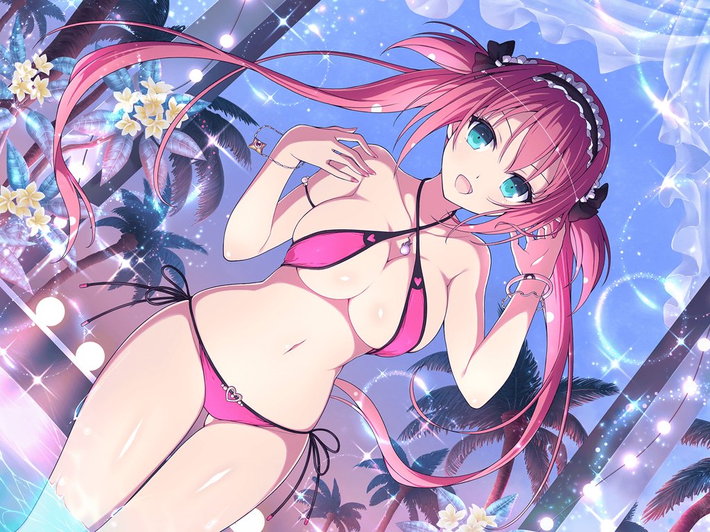 1girl airi_(queen's_blade) airi_(the_infernal_temptress) apron armpits ass_visible_through_thighs bangle beach bikini black_bow black_ribbon blue_eyes bow bracelet breasts collar covered_nipples criss-cross_halter crossover dutch_angle flower frilled_bikini frills glint hair_bow hair_ribbon halterneck hands_up heart jewelry large_breasts lens_flare lights long_hair looking_at_viewer maid maid_apron maid_bikini maid_headdress navel night official_art open_mouth outdoors palm_tree pink_bikini pool queen's_blade red_hair ribbon senran_kagura senran_kagura_new_link shiny_skin side-tie_bikini_bottom sling_bikini_top solo standing stomach swimsuit thighs tree twintails two_side_up unconventional_maid underboob very_long_hair wristband yaegashi_nan