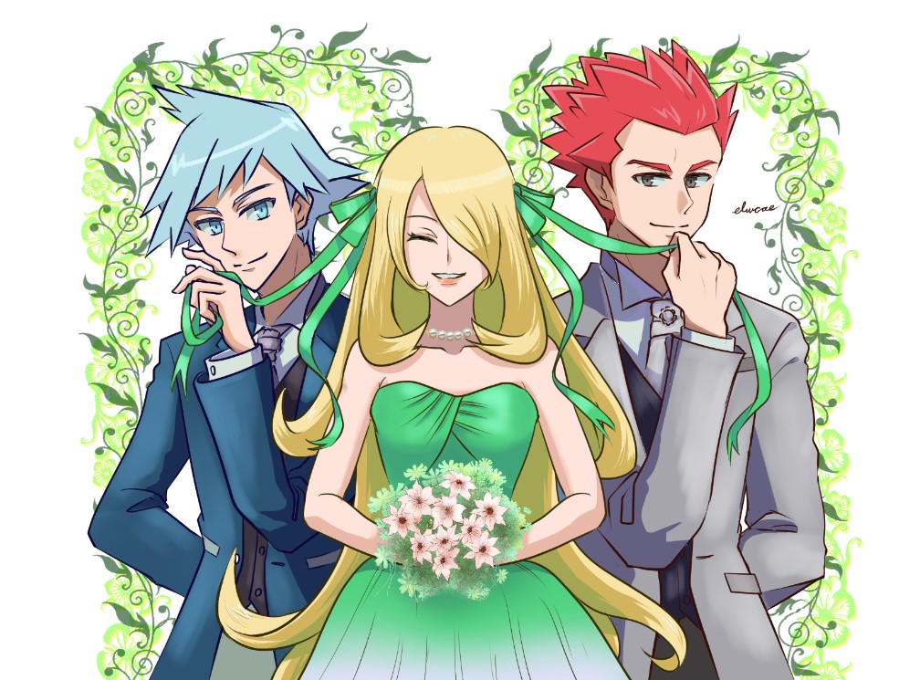 1girl 2boys alternate_costume bare_shoulders blue_eyes blue_hair bouquet closed_eyes commentary_request cynthia_(pokemon) dress erushiza flower green_dress hair_ribbon jewelry lance_(pokemon) multiple_boys necklace necktie pearl_necklace pokemon pokemon_(game) pokemon_dppt pokemon_hgss pokemon_oras red_hair ribbon smile steven_stone white_background white_flower