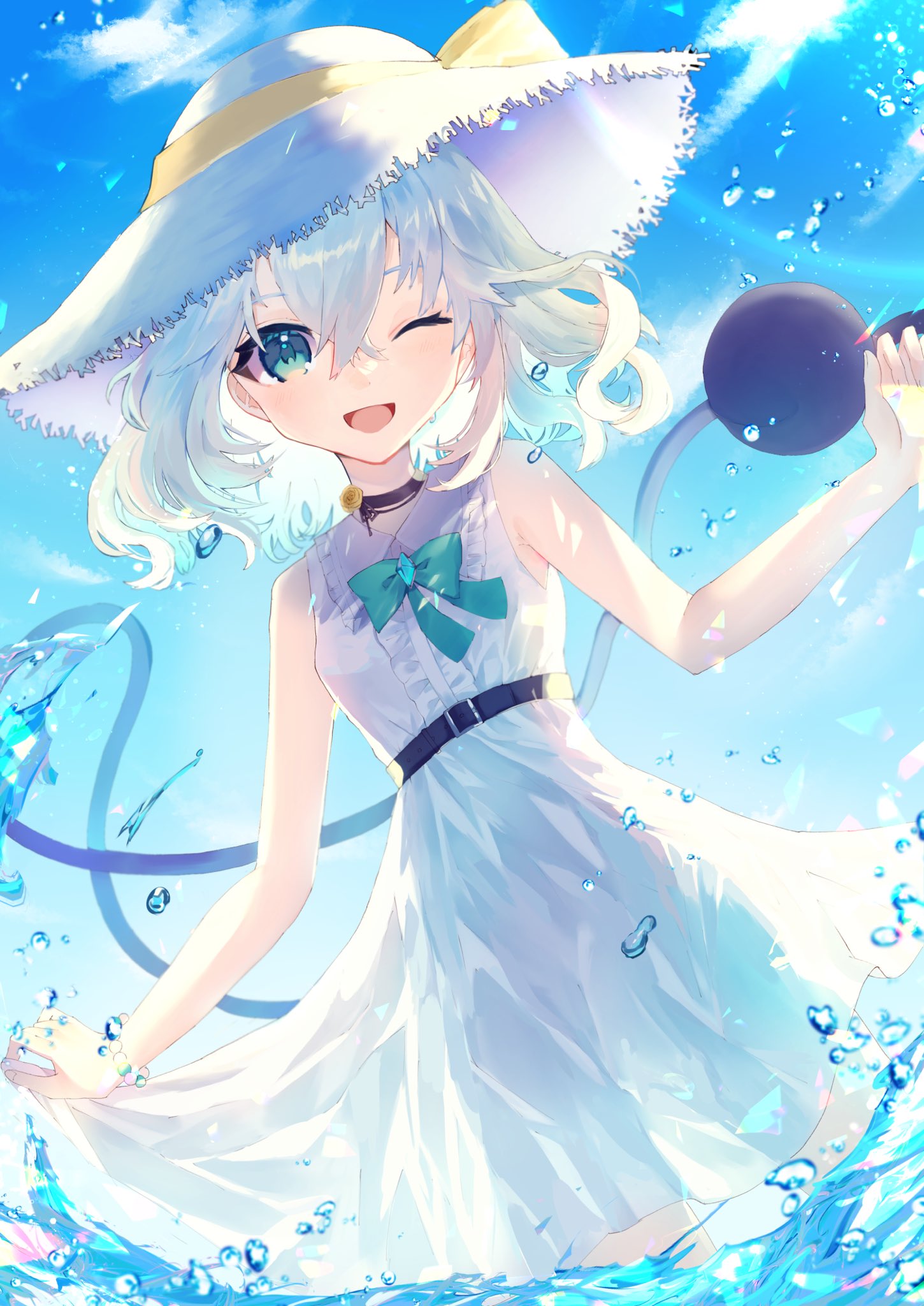 1girl ;d alternate_costume black_choker blue_sky blush center_frills choker collar commentary_request crossed_bangs diamond_(shape) dress frilled_collar frills green_eyes green_ribbon hair_between_eyes hat hat_ribbon highres komeiji_koishi light_green_hair looking_at_viewer one_eye_closed open_mouth ribbon short_hair skirt_hold sky sleeveless sleeveless_dress smile solo third_eye touhou tsukikusa wading water white_dress white_headwear yellow_ribbon