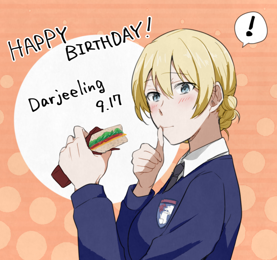 ! 1girl birthday black_necktie blonde_hair blue_eyes blue_sweater blush braid character_name closed_mouth commentary darjeeling_(girls_und_panzer) dated dress_shirt emblem english_text finger_to_mouth food from_side girls_und_panzer happy_birthday holding holding_food long_sleeves looking_at_viewer necktie sandwich school_uniform shirt short_hair smile solo spoken_exclamation_mark st._gloriana's_(emblem) st._gloriana's_school_uniform sweater v-neck white_shirt wing_collar yuuhi_(arcadia)
