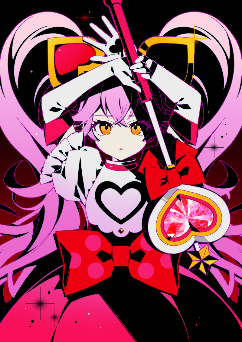 #compass 1girl black_background bow gloves heart holding holding_wand long_hair magical_girl multicolored_background nou_(nounknown) orange_eyes pink_hair pink_shirt puffy_short_sleeves puffy_sleeves red_background red_bow red_skirt ririka_(#compass) shirt short_sleeves skirt twintails wand white_gloves