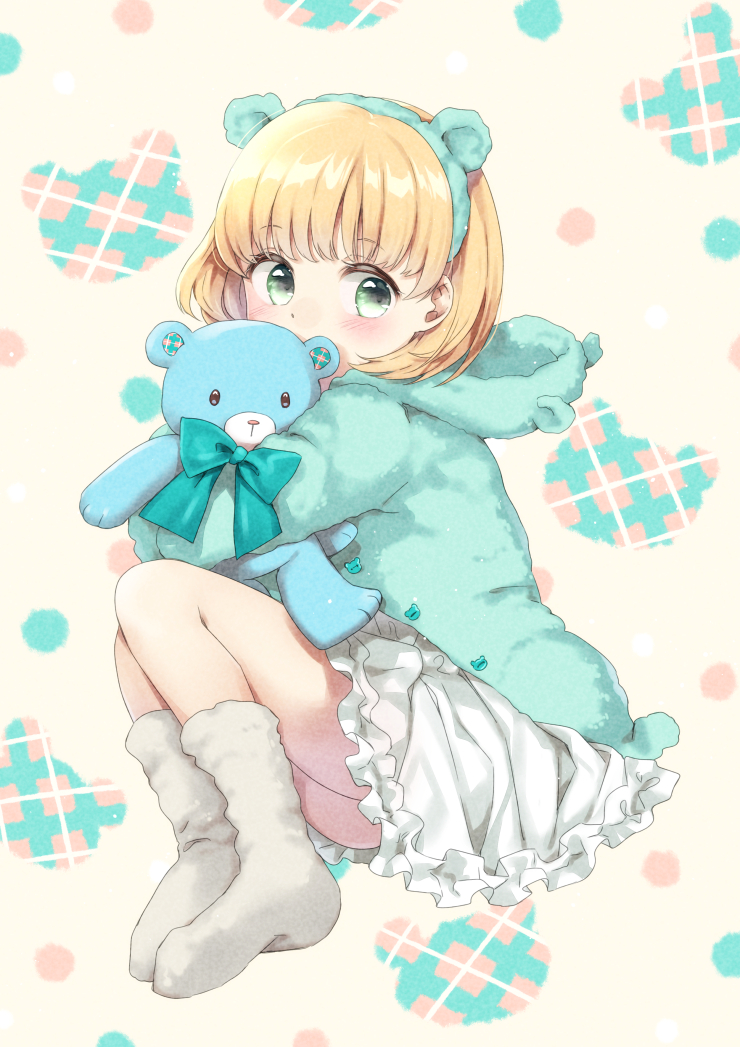 1girl animal_ears animal_hood aqua_bow aqua_hairband aqua_jacket bear_ears blonde_hair blush bow covered_mouth fake_animal_ears fetal_position frilled_skirt frills full_body green_eyes hairband hood hood_down hooded_jacket hugging_object jacket legs_together long_sleeves no_shoes original short_hair sideways_glance skirt socks solo stuffed_animal stuffed_toy teddy_bear unya_(unya-unya) white_skirt white_socks