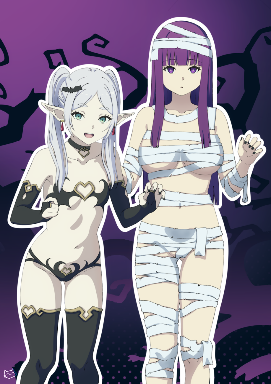 2girls bandaged_head bandages bat_bra bat_hair_ornament bat_panties black_bridal_gauntlets black_choker black_thighhighs breasts bridal_gauntlets choker collarbone earrings elf fern_(sousou_no_frieren) frieren green_eyes hair_ornament halloween highres jewelry keihh large_breasts long_hair looking_at_viewer multiple_girls mummy_costume naked_bandage open_mouth parted_bangs paw_pose pointy_ears purple_eyes purple_hair signature small_breasts sousou_no_frieren standing straight_hair thighhighs twintails white_hair