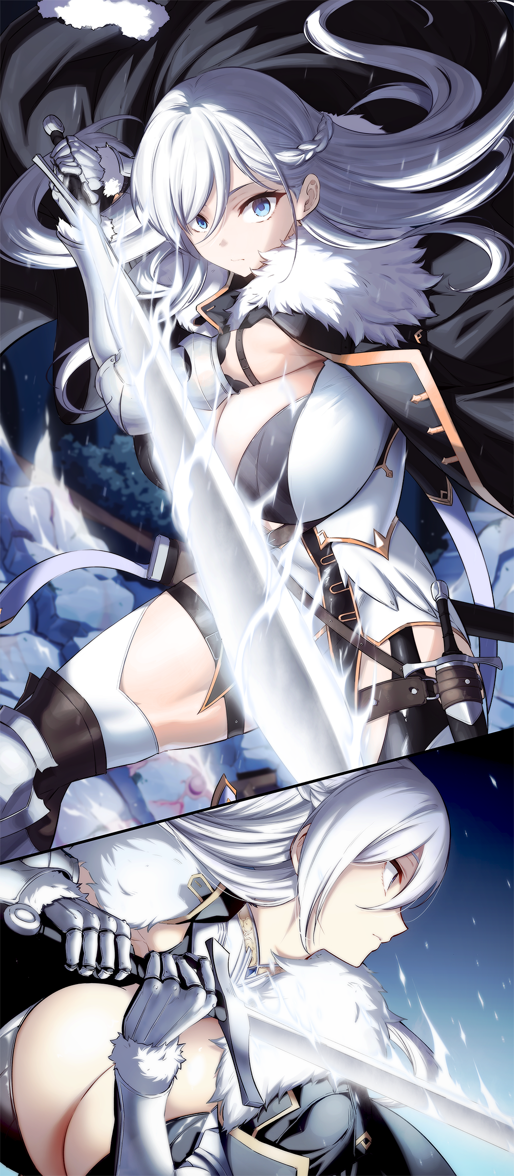 1girl blue_background blue_eyes braid breasts cape cleavage fighting_stance floating_hair french_braid from_side fur_collar gauntlets hair_between_eyes highres holding holding_sword holding_weapon huge_breasts knife knife_holster kook large_breasts long_hair original sidelocks sword thick_thighs thighhighs thighs weapon white_hair