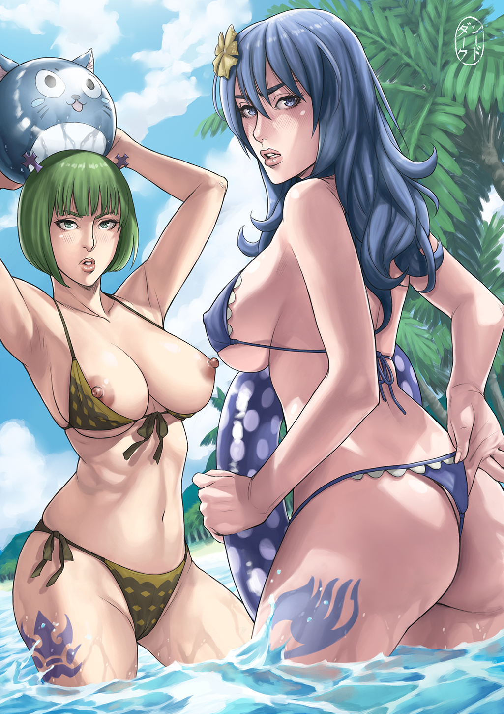 2girls adjusting_clothes adjusting_swimsuit arms_up ass ball beach beachball bikini blue_bikini blue_eyes blue_hair blue_innertube blue_sky bob_cut brandish_mu breasts brown_bikini cloud cross_hair_ornament dakushido day facing_away fairy_tail flower green_eyes green_hair grey_hair hair_flower hair_ornament highres holding holding_ball holding_beachball innertube juvia_lockser large_breasts leg_tattoo long_hair looking_at_viewer looking_back medium_hair multiple_girls nipple_slip nipples outdoors palm_tree parted_lips partially_submerged short_hair side-tie_bikini_bottom sky swimsuit tattoo tree water yellow_flower