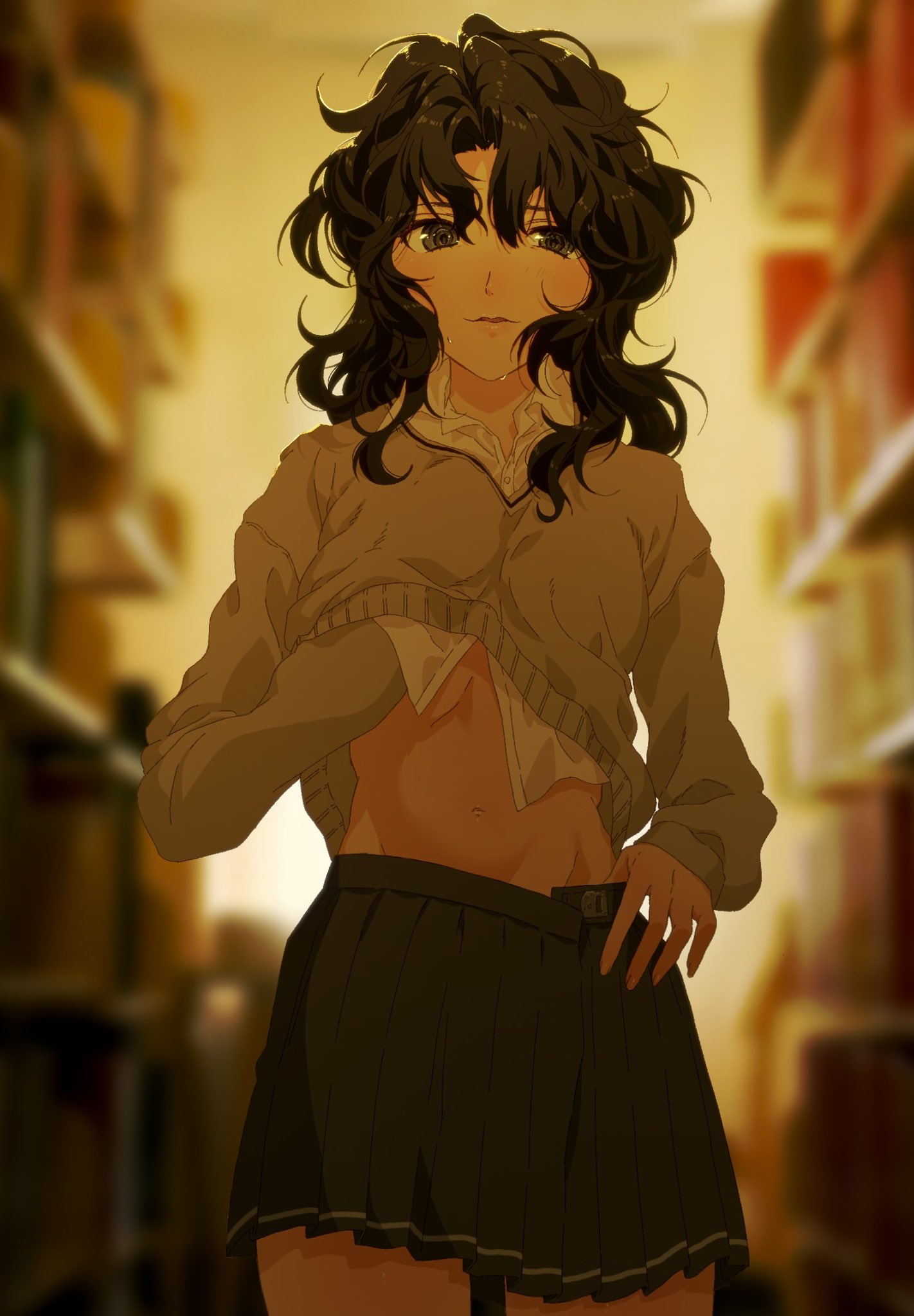 1girl amagami black_eyes black_hair black_skirt blurry blurry_background brown_sweater clothes_lift clothes_pull collared_shirt curly_hair highres indoors kibito_high_school_uniform lifted_by_self long_sleeves looking_at_viewer messy_hair navel open_clothes open_skirt parted_lips pleated_skirt pulled_by_self school_uniform shirt shirt_lift skirt skirt_pull solo sweat sweater sweater_lift tanamachi_kaoru usurai_rairai wavy_hair white_shirt