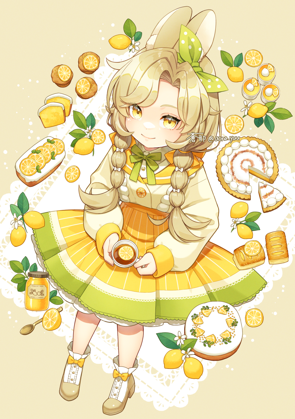 1girl animal_ears ankle_boots aona_(noraneko) blonde_hair boots bow bow_hairband braid cake collared_shirt cup curtained_hair dark_skin doily flower food food-themed_clothes footwear_bow fruit full_body green_hairband green_ribbon green_skirt hair_bow hairband high_heel_boots high_heels highres holding holding_cup invisible_chair jacket jam jar leaf lemon lemon_blossoms lemon_slice long_hair long_sleeves looking_at_viewer marmalade mousse_(food) muffin neck_ribbon original pastry pleated_skirt polka_dot polka_dot_bow pound_cake puffy_long_sleeves puffy_sleeves rabbit_ears rabbit_girl ribbon sailor_collar shirt sitting skirt smile solo spoon striped striped_skirt suspender_skirt suspenders swept_bangs tart_(food) tea teacup twin_braids two-tone_skirt white_bow white_flower white_shirt yellow_background yellow_bow yellow_eyes yellow_jacket yellow_sailor_collar yellow_skirt