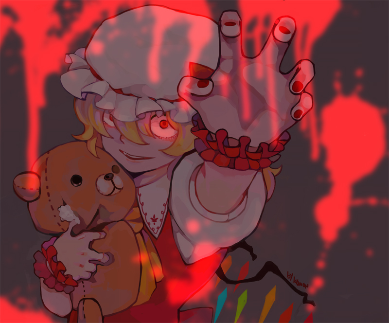 1girl ascot blonde_hair blood blood_splatter collared_shirt commentary crystal fingernails flandre_scarlet flat_chest hair_between_eyes hat kanon_(rsl) long_bangs looking_at_viewer medium_hair mob_cap open_mouth puffy_short_sleeves puffy_sleeves red_eyes red_nails red_vest shirt short_sleeves smile solo stuffed_animal stuffed_toy teddy_bear touhou upper_body vest white_headwear white_shirt wings wrist_cuffs yellow_ascot