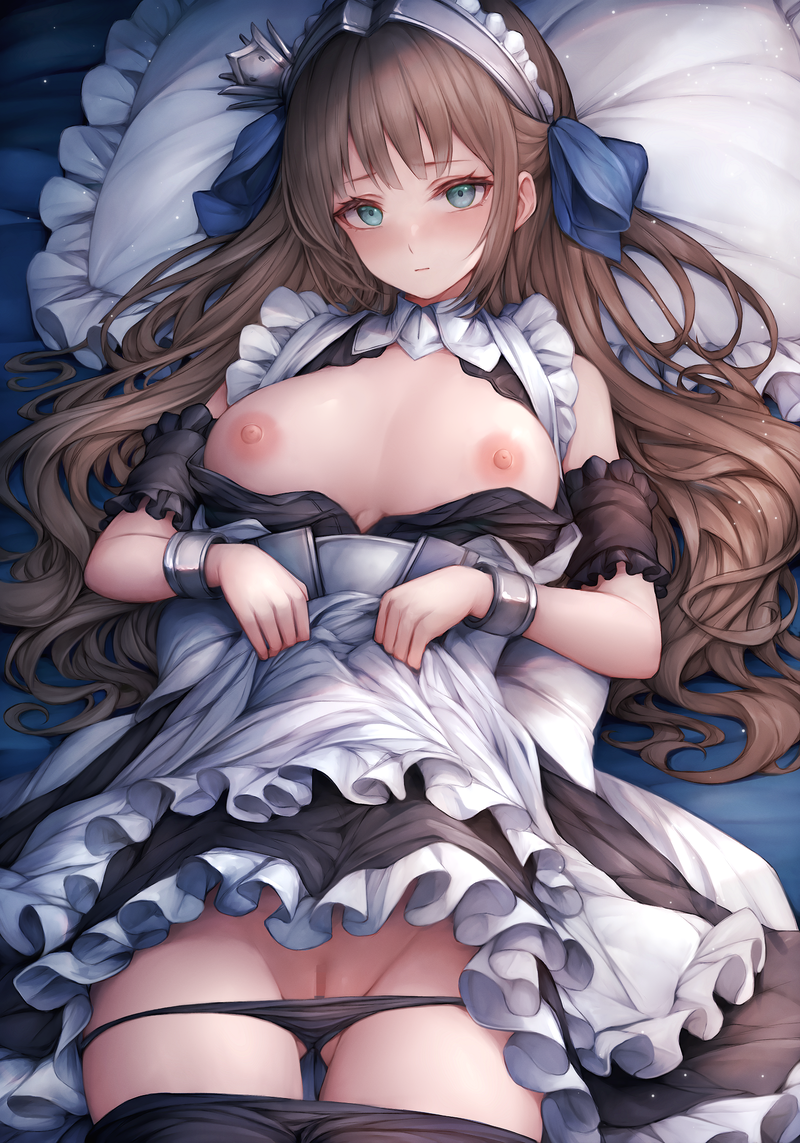 1girl apron ass_visible_through_thighs azur_lane blue_eyes blush breasts brown_hair censored clothes_lift dress hair_ornament large_breasts long_hair looking_at_viewer lying maid maid_apron maid_headdress mosaic_censoring newcastle_(azur_lane) nipples on_back panties panty_pull pussy ribbon skirt skirt_lift snm_(sunimi) solo thighhighs underwear
