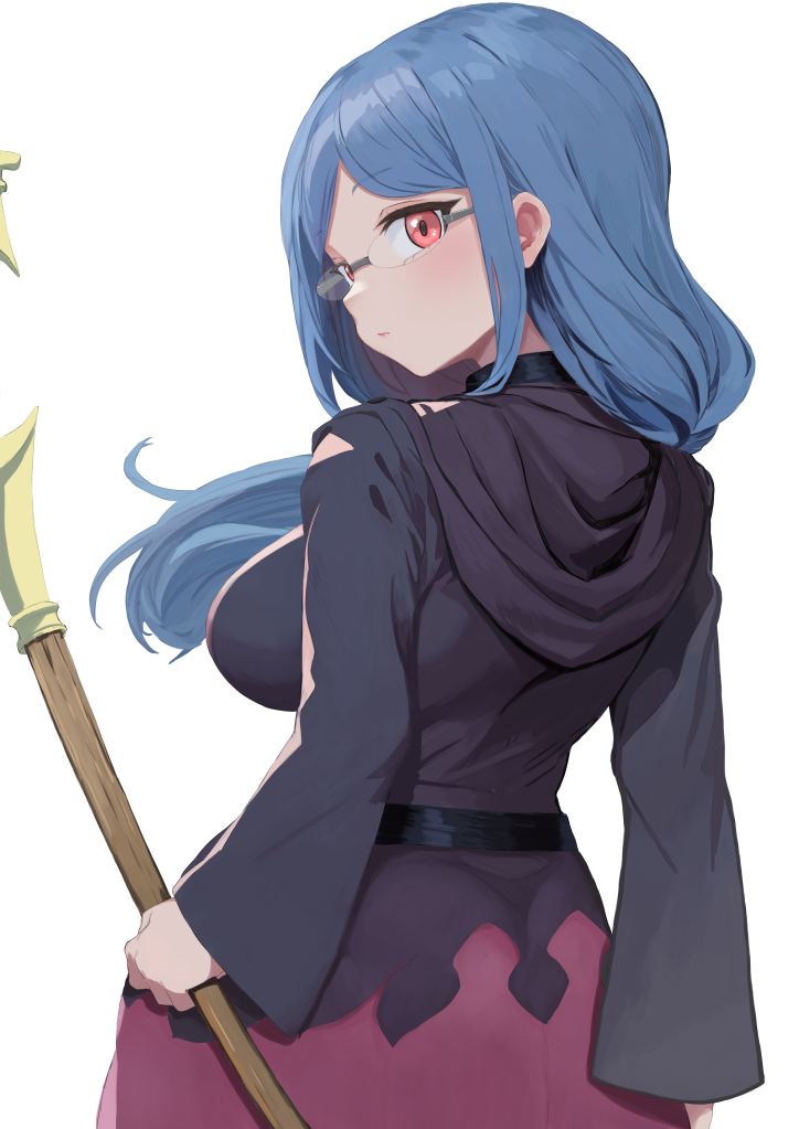 1girl blue_hair breasts broom domdom glasses holding holding_broom hooded_robe large_breasts little_witch_academia long_hair red_eyes robe solo ursula_charistes
