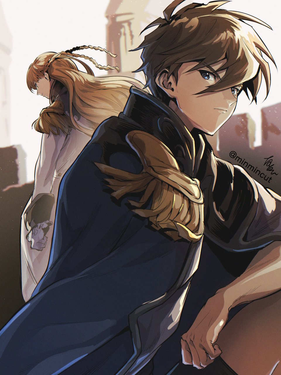 1boy 1girl blue_eyes blue_jacket blue_pants braid chanmura clenched_hand column crown_braid epaulettes floating_hair frown gloves gundam gundam_wing gundam_wing_endless_waltz hair_between_eyes heero_yuy highres jacket long_hair pants pillar relena_peacecraft signature twitter_username v-shaped_eyebrows white_gloves white_jacket