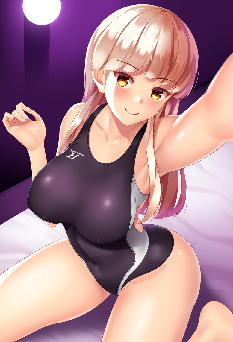 1girl armpits bare_shoulders bed bed_sheet bedroom black_one-piece_swimsuit blonde_hair blush breasts closed_mouth collarbone competition_swimsuit covered_navel fingernails foreshortening from_above hand_up huyumitsu indoors large_breasts long_hair looking_at_viewer nose_blush on_bed one-piece_swimsuit original outstretched_arm photoshop_(medium) reaching reaching_towards_viewer shiny_skin sidelocks sitting smile solo swimsuit wariza yellow_eyes