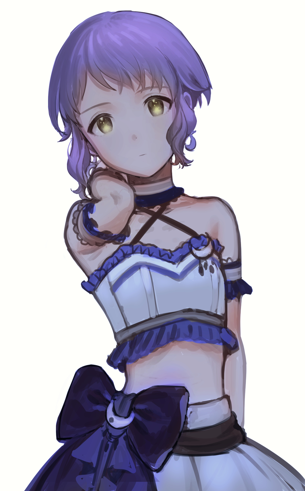 1girl arm_behind_head arm_up armband blue_armband blue_bow bow choker commentary_request crescent crop_top dot_nose expressionless frilled_shirt frills highres idolmaster idolmaster_million_live! looking_at_viewer makabe_mizuki midriff mimizubare purple_hair shirt short_hair sidelocks skirt solo waist_bow wavy_hair white_background white_choker white_shirt white_skirt yellow_eyes