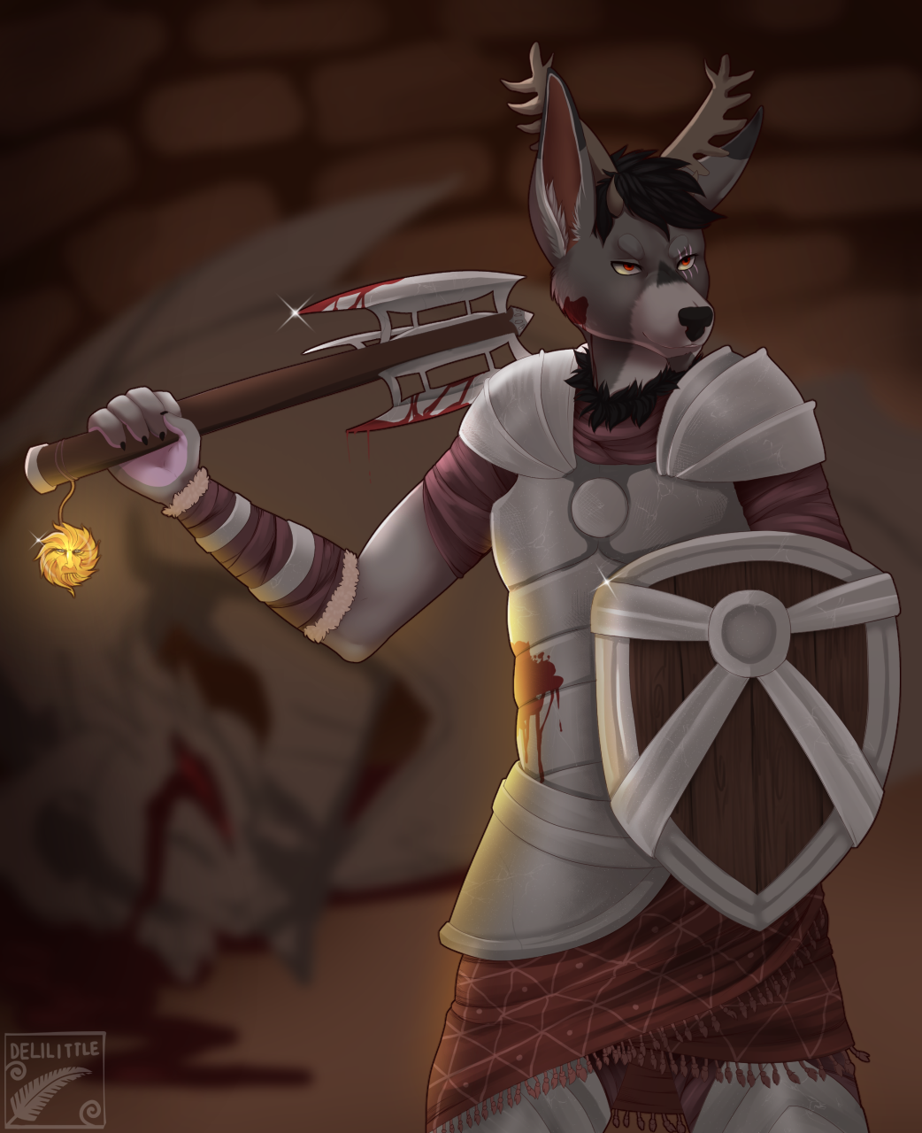 anthro antlers armor background_character blood blood_on_face bodily_fluids cervine cleric clothed clothing deer dragon eye_scar facial_scar fantasy fantasy_weapon fur grey_body grey_fur hi_res holy_symbol horn mace male mammal melee_weapon orange_eyes ra'deer scalie scar shield weapon western_dragon