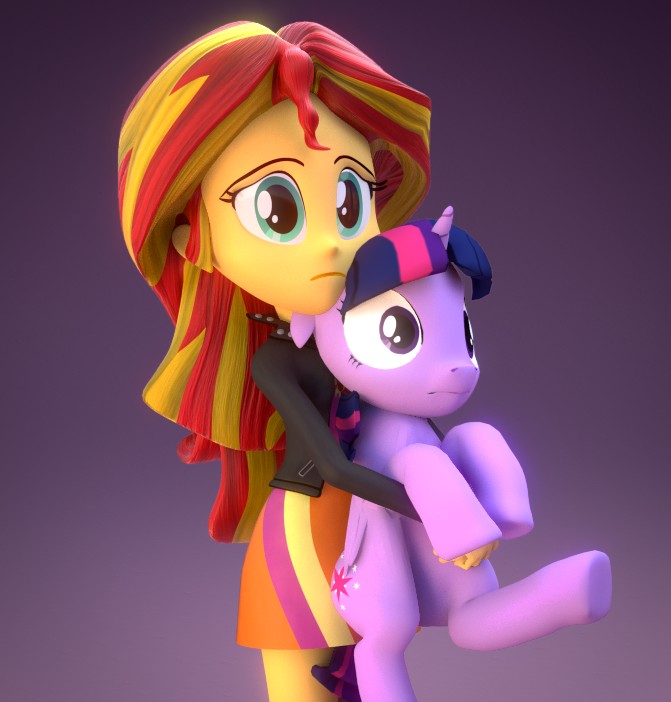 2014 3d_(artwork) blender_(software) clothing creatorofpony digital_media_(artwork) duo embrace equestria_girls equid equine female feral friendship_is_magic frown hair hasbro holding_another horn human long_hair mammal my_little_pony purple_body purple_eyes sad sunset_shimmer_(eg) teal_eyes twilight_sparkle_(mlp) unicorn yellow_body yellow_skin