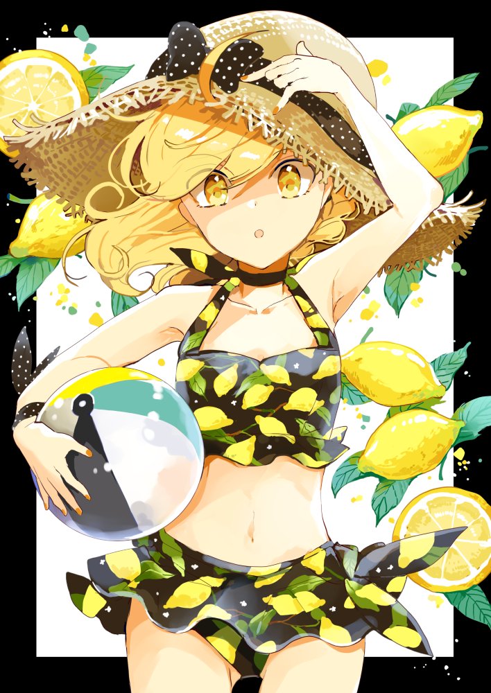 1girl :o ahoge alternate_costume arm_up azuma_aya ball beachball bikini bikini_skirt blonde_hair bow braid choker commentary_request contemporary cowboy_shot eyes_visible_through_hair food food-themed_clothes fruit fruit_background hat hat_bow holding holding_ball kirisame_marisa lemon lemon_print lemon_slice looking_at_viewer nail_polish navel orange_nails outside_border polka_dot polka_dot_bow ribbon short_hair single_braid solo straw_hat swimsuit touhou wrist_ribbon yellow_eyes