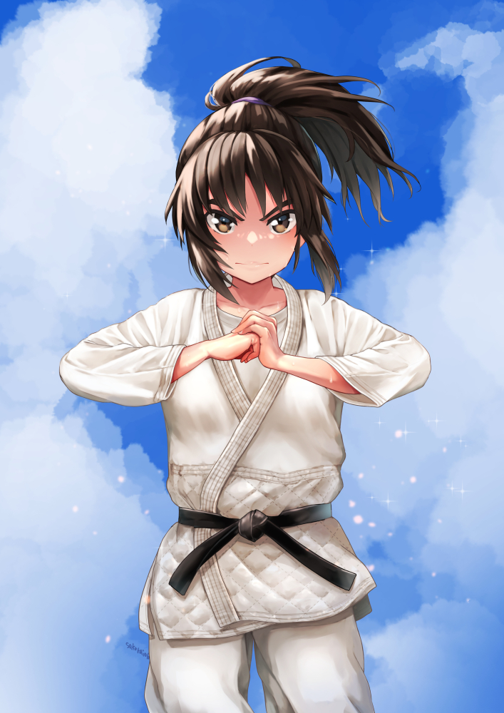 1girl alternate_hairstyle artist_name belt black_belt blue_sky closed_mouth cloud cloudy_sky commentary_request commission cowboy_shot day dougi fist_in_hand frown girls_und_panzer hair_tie hair_up judo karate_gi looking_at_viewer medium_hair murakami_(girls_und_panzer) outdoors pants partial_commentary pixiv_commission ponytail shirt signature sky solo sparkle standing white_pants white_shirt yu_sakurai06