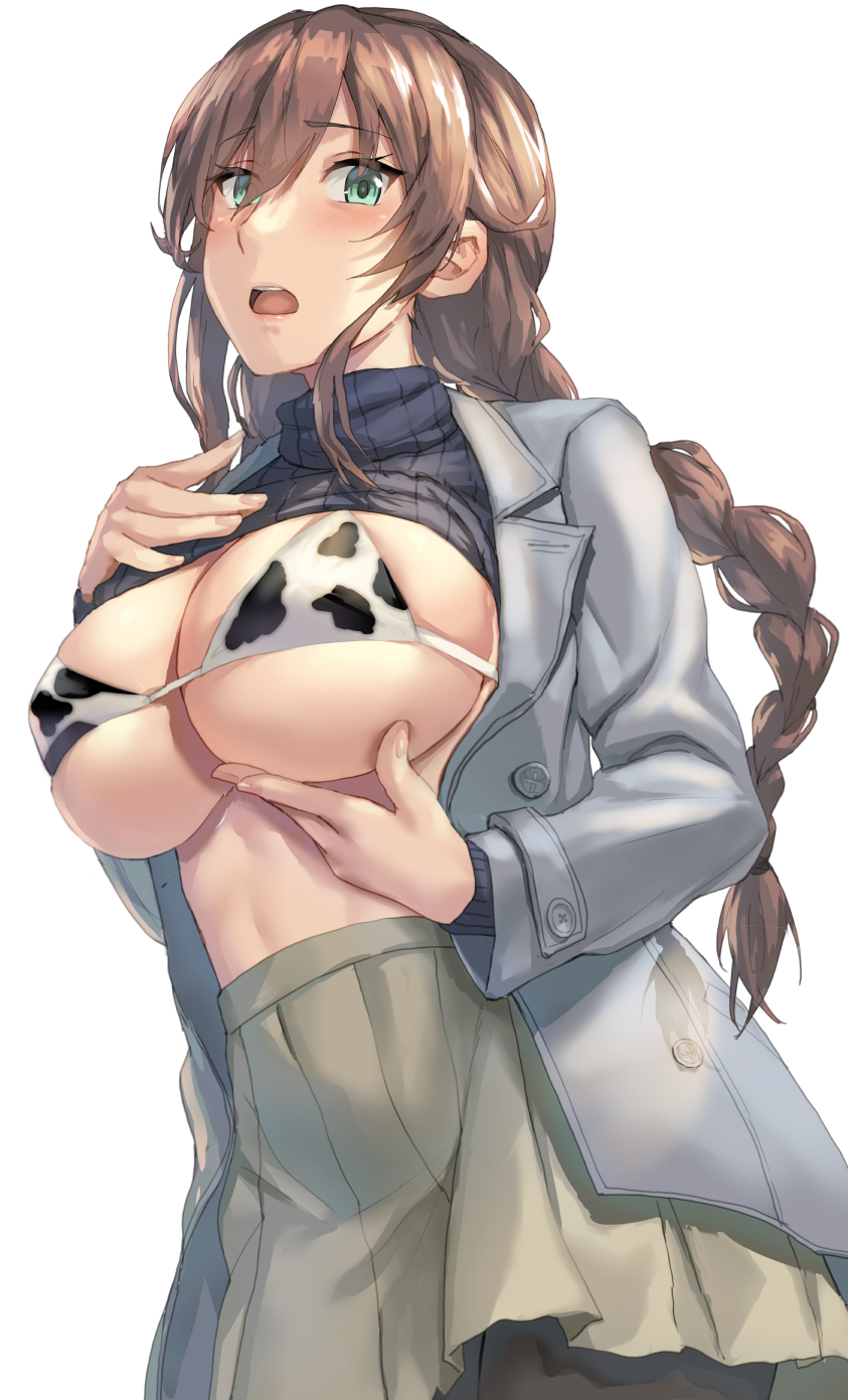 1girl animal_print bikini black_pantyhose black_sweater blush braid breasts brown_hair coat cow_print cowboy_shot green_eyes grey_coat grey_skirt hair_between_eyes highres kantai_collection kokuzou large_breasts long_hair noshiro_(kancolle) open_clothes open_coat open_mouth pantyhose pleated_skirt ribbed_sweater simple_background skirt solo sweater swimsuit turtleneck turtleneck_sweater twin_braids white_background white_bikini