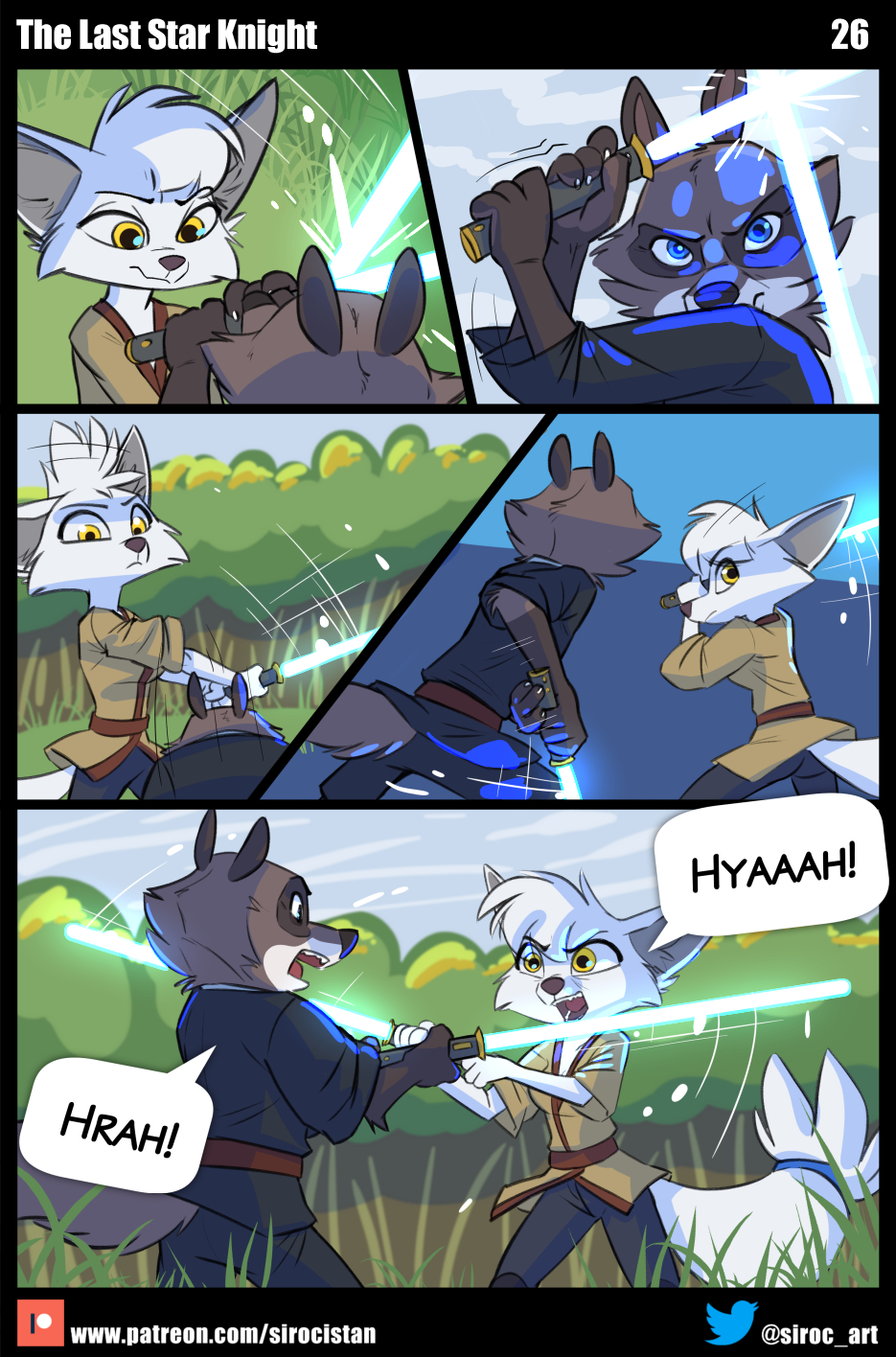 2023 anthro blue_eyes blue_lightsaber bottomwear butt canid canine clothed clothing comic dialogue digital_media_(artwork) dodging duo english_text female fight fingers forest fur grass hair hi_res holding_lightsaber holding_object holding_weapon jonan_dane_(siroc) lightsaber looking_at_viewer looking_back lyra_sovenka_(siroc) machine male mammal melee_weapon open_mouth outside parody patreon plant procyonid raccoon rear_view robot siroc speech_bubble standing star_wars tail teeth text tree twitter url weapon yellow_eyes