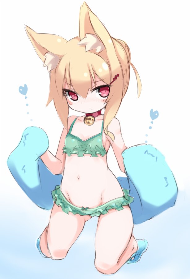 1girl animal_ear_fluff animal_ears bare_shoulders bell bikini blonde_hair blue_footwear blush borrowed_character breasts choker closed_mouth collarbone commentary_request flat_chest flip-flops fox_ears full_body green_bikini groin hair_between_eyes hair_bun hair_ornament hairclip heart holding holding_towel jingle_bell karukan_(monjya) kemomimi-chan_(naga_u) kneeling long_hair looking_at_viewer navel neck_bell original red_choker red_eyes revision sandals sidelocks single_hair_bun small_breasts solo swimsuit towel v-shaped_eyebrows