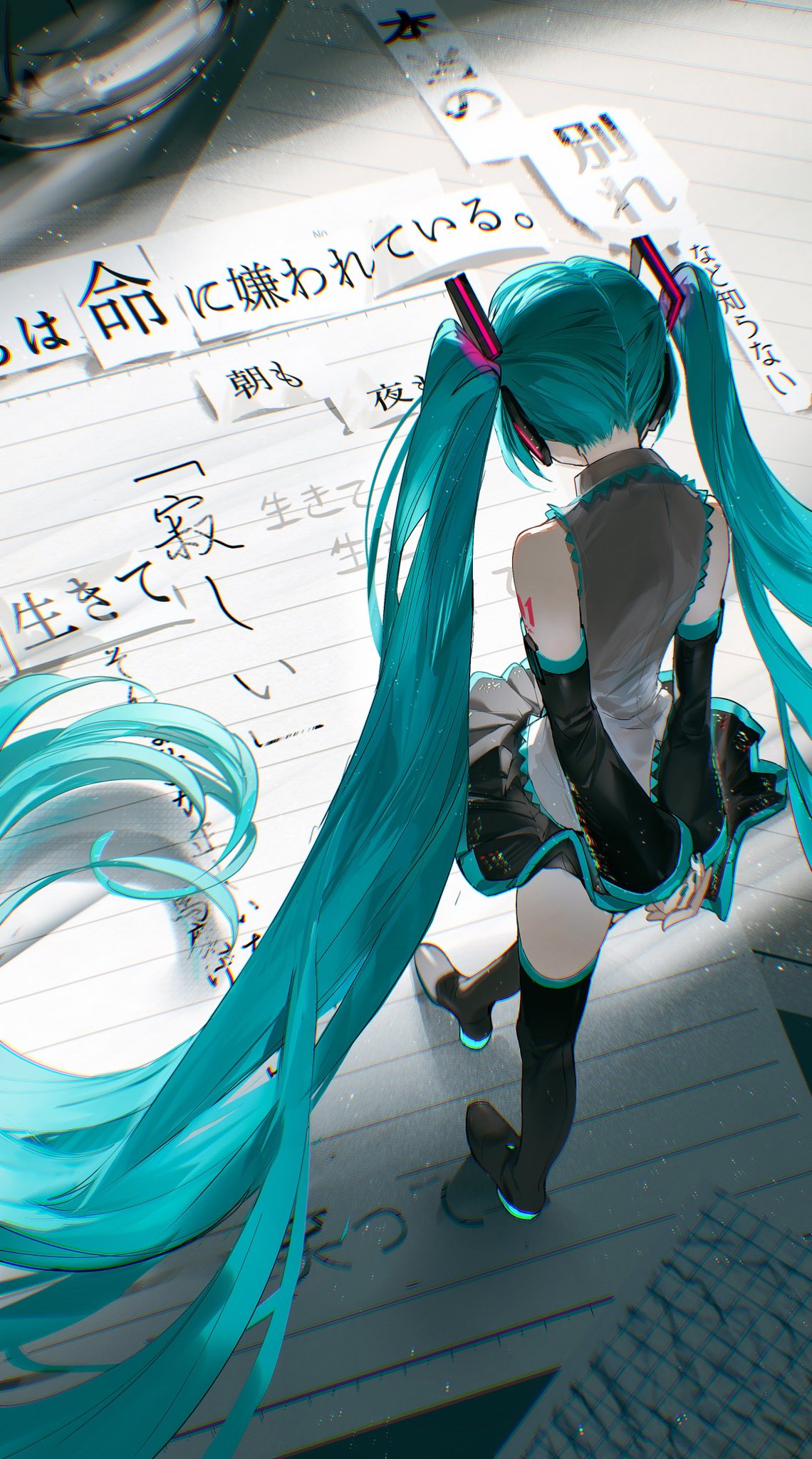 1girl aqua_hair aqua_nails arm_tattoo arms_behind_back back bare_shoulders black_footwear black_skirt black_sleeves blue_trim boots chromatic_aberration detached_sleeves from_behind full_body grey_shirt hair_ornament hatsune_miku headphones highres inochi_ni_kirawarete_iru._(vocaloid) light_particles lined_paper long_hair long_sleeves looking_down lyrics mini_person minigirl nail_polish note number_tattoo outstretched_leg own_hands_together paper pleated_skirt rumoon shirt skirt sleeveless sleeveless_shirt solo song_name standing tattoo thigh_boots twintails very_long_hair vocaloid wide_sleeves