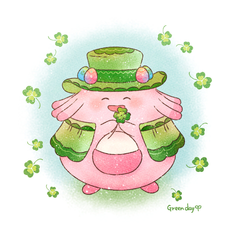 chansey closed_eyes clover easter_egg egg english_text facing_viewer green_headwear green_vest holding holding_clover holding_plant kuruta_(qulta03) no_humans open_mouth plant pokemon pokemon_(creature) shamrock solo traditional_media vest white_background