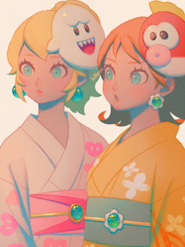 2girls artist_name bellhenge blonde_hair blue_eyes boo_(mario) brown_hair cheep_cheep cheep_cheep_masks_(mario) earrings flower_earrings gem hair_between_eyes japanese_clothes jewelry kimono looking_to_the_side mario_(series) mario_kart mario_kart_tour multiple_girls official_alternate_costume official_alternate_hairstyle orange_kimono ponytail princess_daisy princess_daisy_(yukata) princess_peach princess_peach_(yukata) simple_background sphere_earrings white_kimono yukata