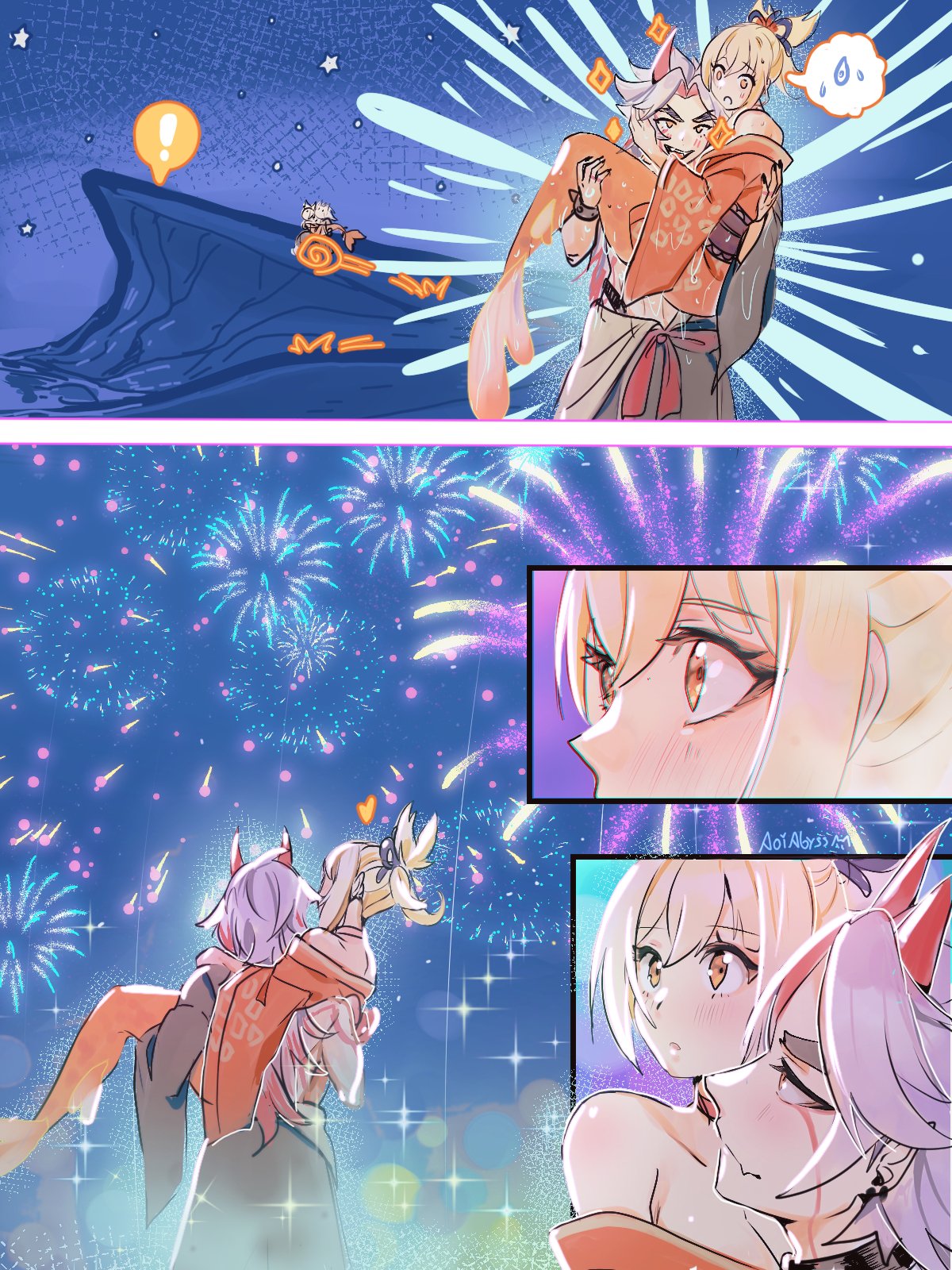 ! !! !? 1boy 1girl :o ? ?? @_@ aerial_fireworks aoiabyss arataki_itto bare_shoulders blonde_hair blush body_markings bodypaint breasts carrying choker cleavage facepaint fireworks fish full_body genshin_impact hair_between_eyes hair_ornament heart highres holding horns japanese_clothes jellyfish jewelry kimono long_hair long_sleeves looking_up medium_breasts mermaid monster_girl multicolored_hair night night_sky obi oni oni_horns open_mouth orange_kimono partially_underwater_shot ponytail princess_carry red_choker red_eyes red_hair sash short_hair sky smile solo sparkle star_(symbol) swimming water white_hair wide_sleeves yellow_eyes yoimiya_(genshin_impact)