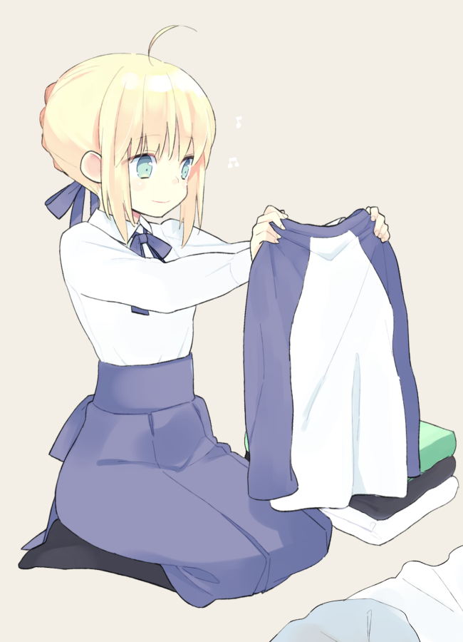 1girl 87banana ahoge artoria_pendragon_(fate) blonde_hair blouse blue_dress bow braid dress fate/stay_night fate_(series) folded_clothes folding_clothes french_braid green_eyes hair_bow raglan_sleeves saber seiza shirt sitting smile solo white_shirt