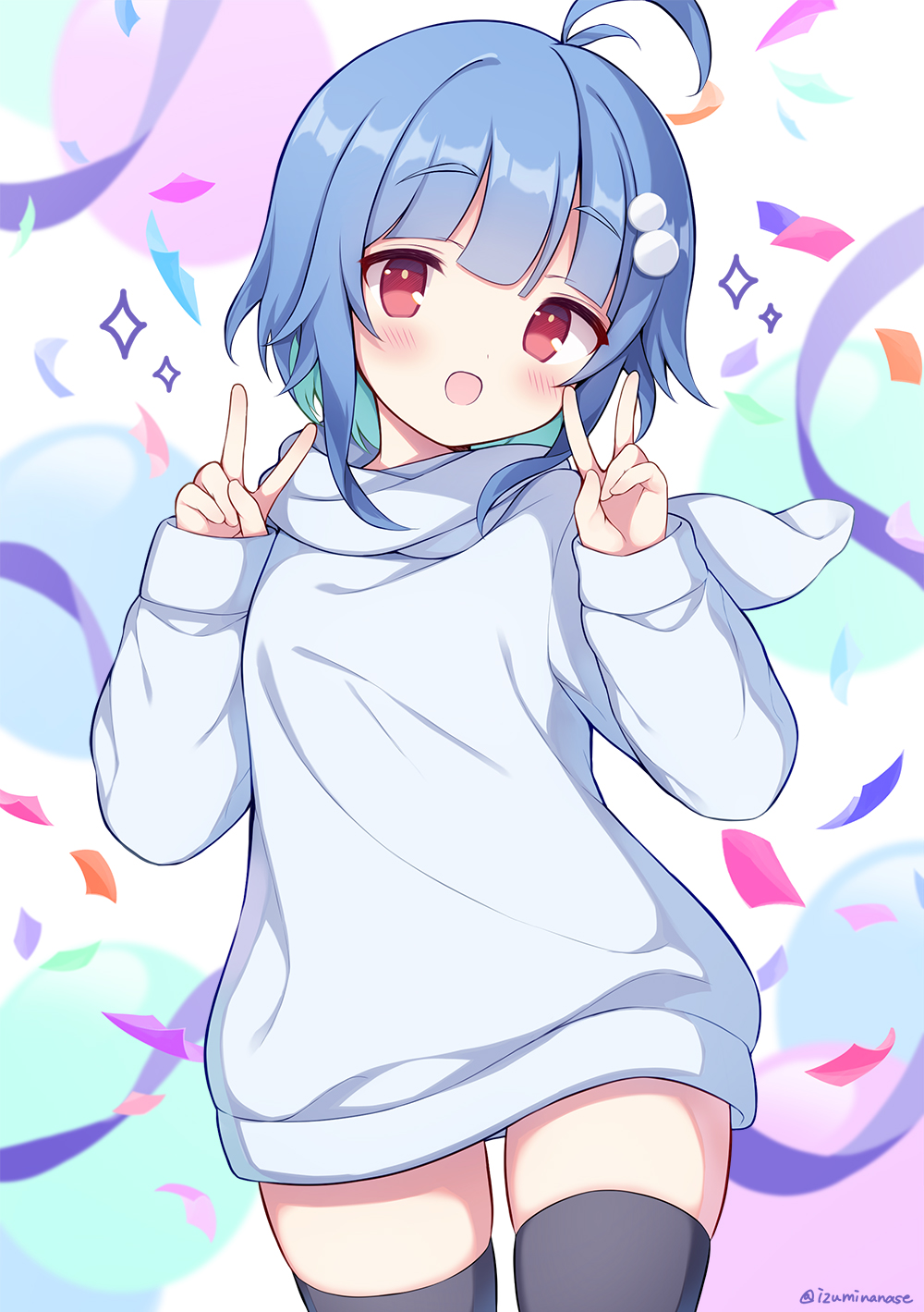 1girl :d ahoge balloon black_thighhighs blue_hair blush commentary_request commission confetti copyright_request double_v hands_up highres hood hood_down hoodie izuminanase long_sleeves looking_at_viewer puffy_long_sleeves puffy_sleeves red_eyes skeb_commission sleeves_past_wrists smile solo sparkle tagosaku_chan thighhighs twitter_username v white_hoodie
