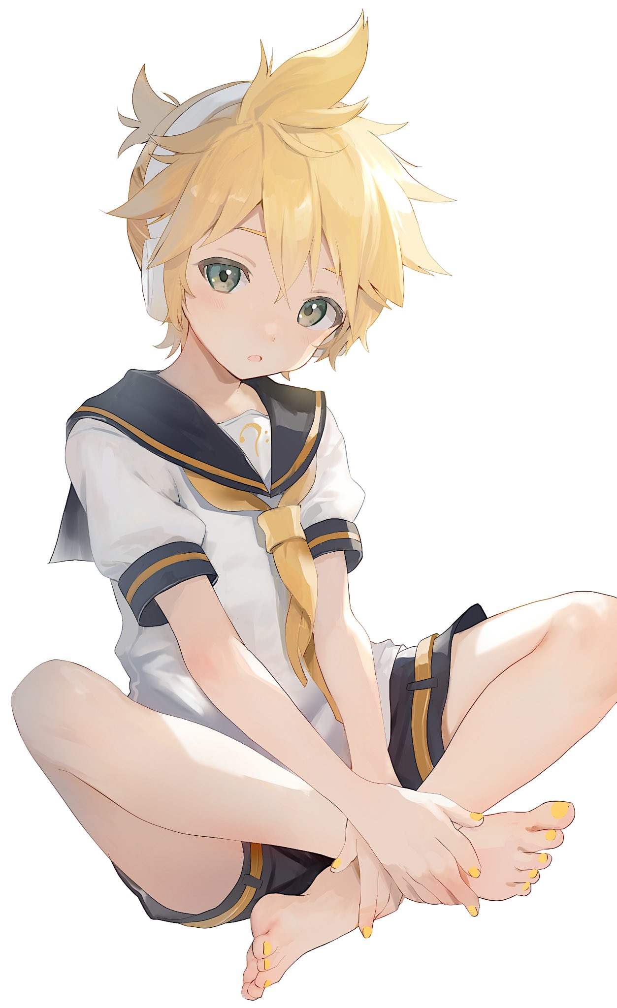 1boy aqua_eyes artist_request bishounen blonde_hair blue_eyes cocolo_(co_co_lo) commentary crossed_legs headphones headset highres kagamine_len looking_at_viewer male_focus messy_hair necktie open_mouth own_hands_together short_hair short_sleeves solo vocaloid yellow_nails yellow_necktie
