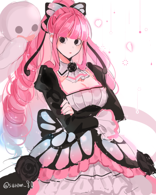 1girl bad_id bad_twitter_id black_flower black_rose blunt_bangs butterfly_hair_ornament commentary crossed_arms detached_collar dress drill_hair eyelashes flower frilled_dress frills ghost hair_ornament joman korean_commentary long_hair looking_at_another looking_to_the_side one_piece perona pink_hair ponytail rose sidelocks simple_background solo upper_body white_background