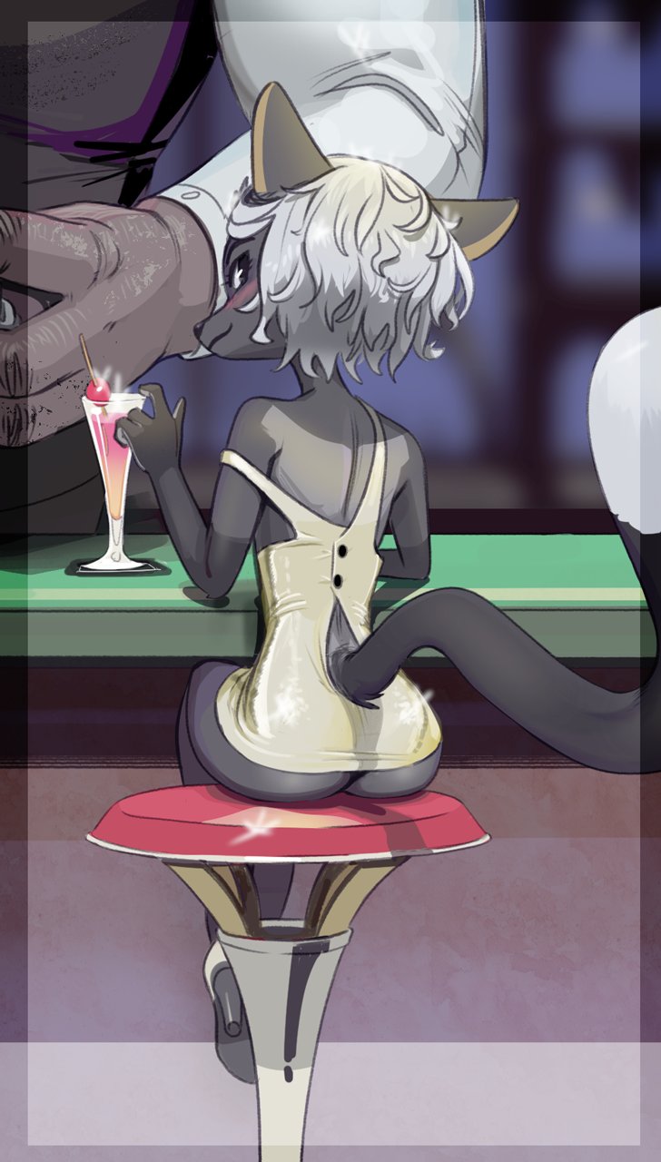 2021 ambiguous_gender anthro bar biped black_eyes black_markings black_nose butt canid canine clothed clothing cocktail_glass container cup dipstick_tail dress drinking_glass duo female female_focus footwear fox furniture glass glass_container glass_cup gloves_(marking) grey_body hair hi_res high_heels igrushka_(polyle) inside looking_at_viewer looking_back looking_back_at_viewer mammal markings no_underwear polyle rear_view shirt short_hair sitting sitting_on_stool skimpy solo_focus stool tail tail_markings topwear white_clothing white_dress white_hair white_markings white_shirt white_topwear