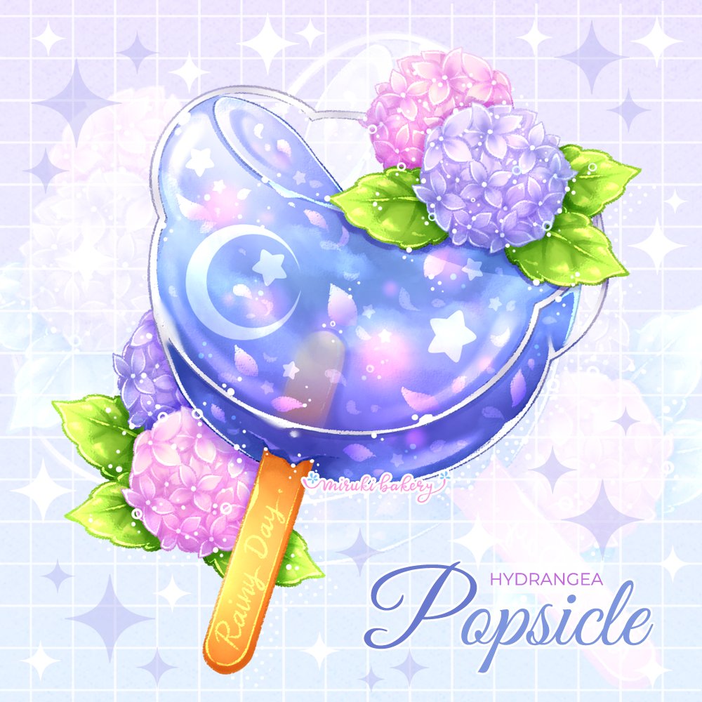 artist_name chocomiruki crescent english_text flower food food_focus hydrangea ice_cream leaf original popsicle purple_flower sparkle star_(symbol)