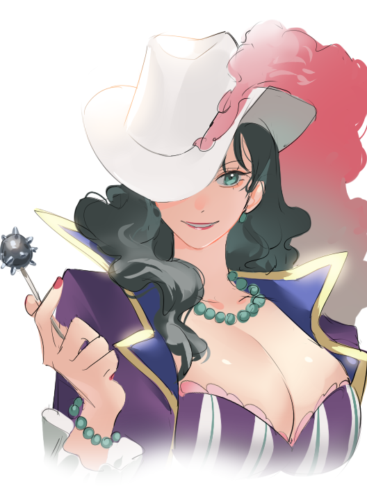 1girl alvida_(one_piece) asymmetrical_hair bead_bracelet bead_necklace beads black_hair blue_eyes bracelet breasts candy cleavage coat cowboy_hat cropped_torso dress food hair_over_shoulder hat hat_over_one_eye holding holding_candy holding_food holding_lollipop jewelry large_breasts lips lollipop looking_at_viewer medium_hair nail_polish necklace one_piece open_clothes open_coat parted_lips plume purple_coat purple_dress raine_(acke2445) red_lips red_nails simple_background sketch smile solo upper_body wavy_hair white_background white_headwear