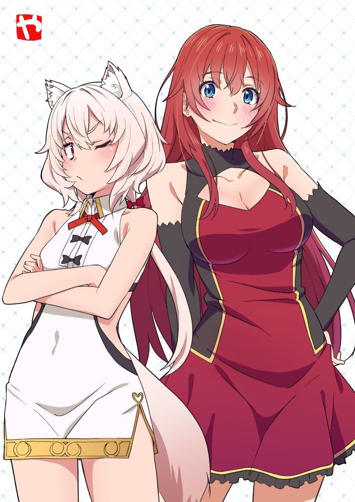 2girls ;&lt; aina_(isekai_de_slow_life_wo) animal_ears black_bow blue_eyes blush bow breasts cleavage collarbone collared_dress commentary_request covered_collarbone covered_navel cowboy_shot crossed_arms dress hair_bow isekai_de_slow_life_wo_(ganbou) light_smile long_hair low_ponytail multiple_girls red_bow red_dress red_hair short_dress sleeveless sleeveless_dress solte_(isekai_de_slow_life_wo) tail v-shaped_eyebrows white_hair yamazaki_(now_printing)