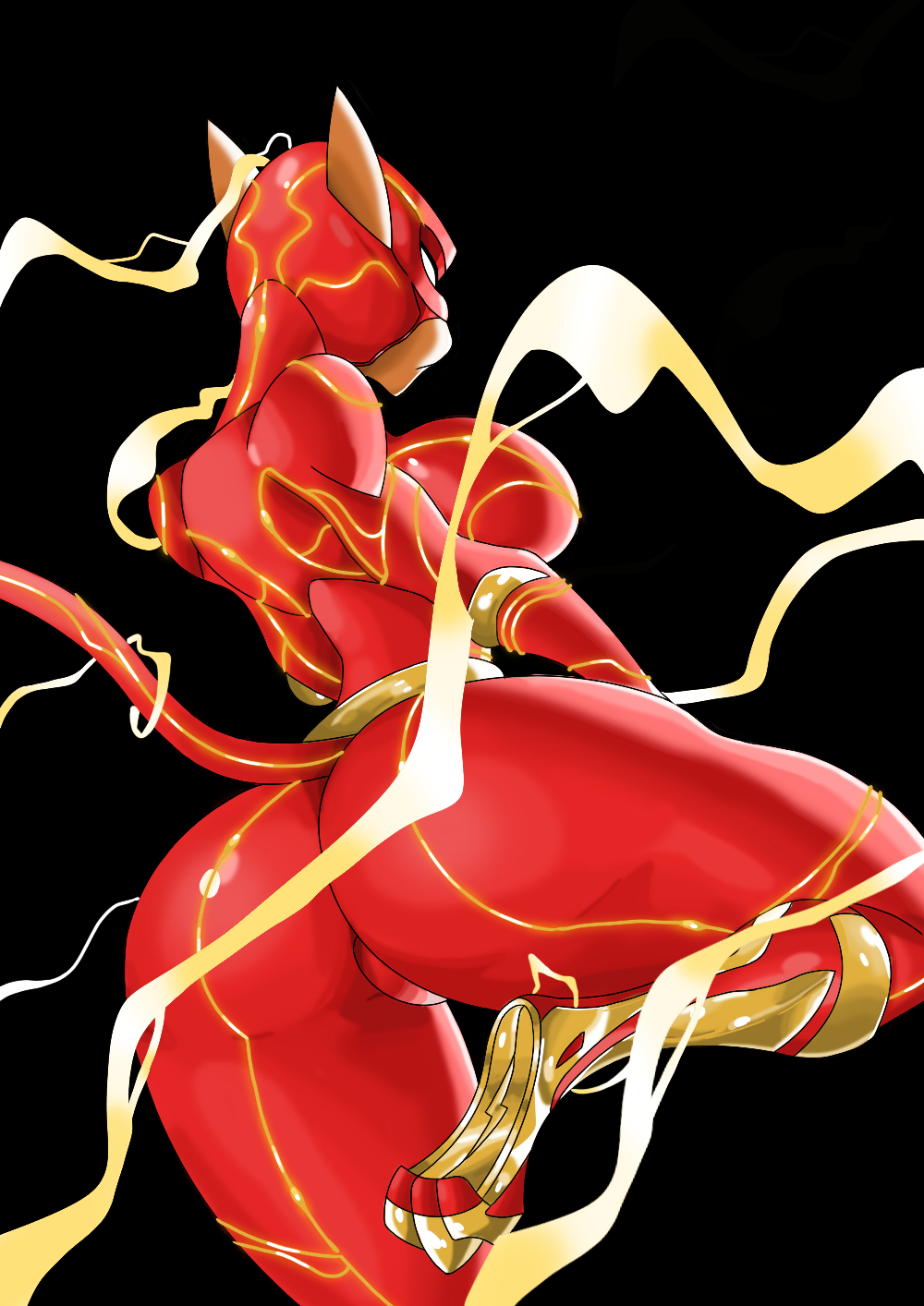 anthro armor big_breasts big_butt black_background boots breasts brown_body butt clothing felid female footwear gold_boots headgear helmet hi_res lightning_bolt mammal mask rear_view red_body red_clothing red_suit rentressy simple_background solo suit tail the_flash