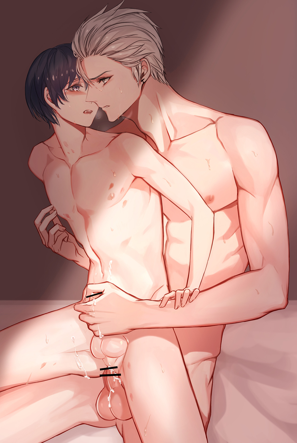 2boys anal bar_censor bed_sheet black_hair blush breath censored collarbone commentary_request completely_nude cum cum_in_ass cum_on_body cum_on_boy cum_on_self cum_on_stomach erection eye_contact face-to-face hair_slicked_back hair_strand hand_on_another's_arm handjob hickey highres indoors looking_at_another male_focus multiple_boys multiple_penises navel nipple_tweak nipples nude original parted_lips pectorals penis perineum profile reach-around reverse_upright_straddle sex sex_from_behind shade short_hair sionel_lubin sitting spiked_hair testicles white_hair yaoi