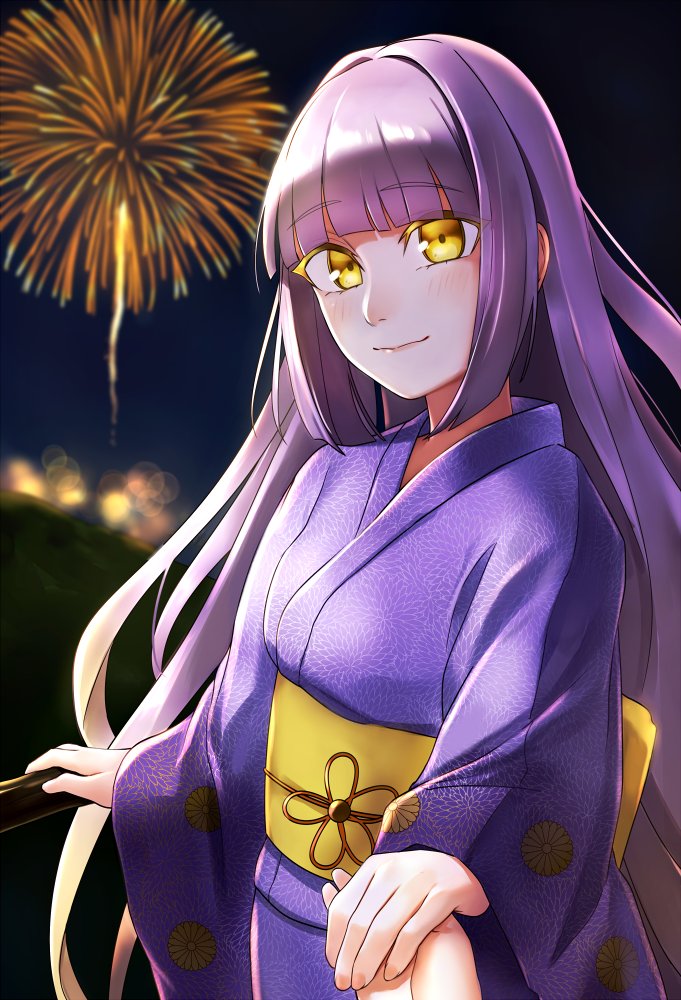 1girl alternate_costume blunt_bangs chrysanthemum_print closed_mouth colored_eyelashes commentary fireworks floral_print flower_knot gradient_hair holding_hands japanese_clothes kiku_ichimonji_norimune kimono kurofuti long_hair long_sleeves looking_at_viewer multicolored_hair night obi obijime pov purple_hair purple_kimono sash sidelocks smile solo summer_festival tenka_hyakken wide_sleeves yellow_eyes yukata