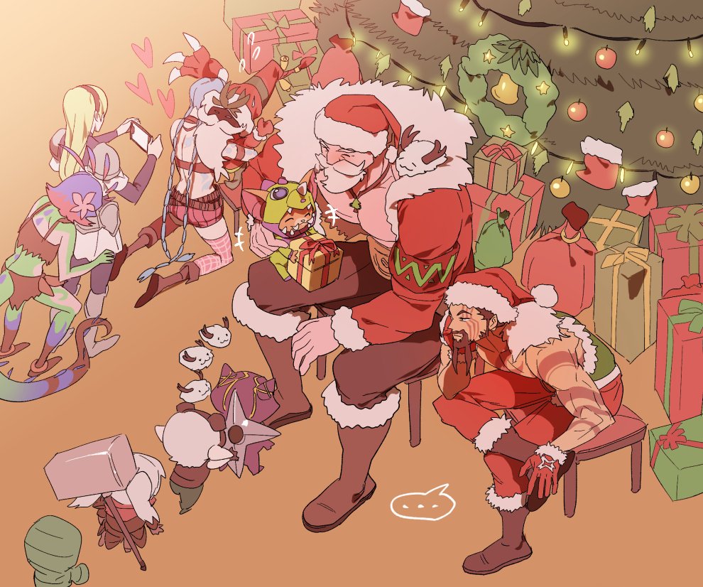 2boys 3girls 5others amumu arm_tattoo bad_santa_veigar beard black_pants blonde_hair blue_hair braid braum_(league_of_legends) brown_footwear brown_hair chameleon_girl chameleon_tail chest_tattoo christmas_tree closed_eyes colored_skin dino_gnar draven facial_hair facial_tattoo flower gift gloves gnar_(league_of_legends) grey_hair hair_flower hair_ornament hammer hat heart holding holding_phone hug indoors jinx_(league_of_legends) kennen league_of_legends long_hair lux_(league_of_legends) multiple_boys multiple_girls multiple_others muscular muscular_male mustache neeko_(league_of_legends) official_alternate_costume on_chair pants pectoral_cleavage pectorals phone poppy_(league_of_legends) poro_(league_of_legends) red_gloves santa_braum santa_draven santa_hat short_hair shuriken sitting smile standing sweatdrop tail tattoo tristana twin_braids veigar weapon yordle zaket07