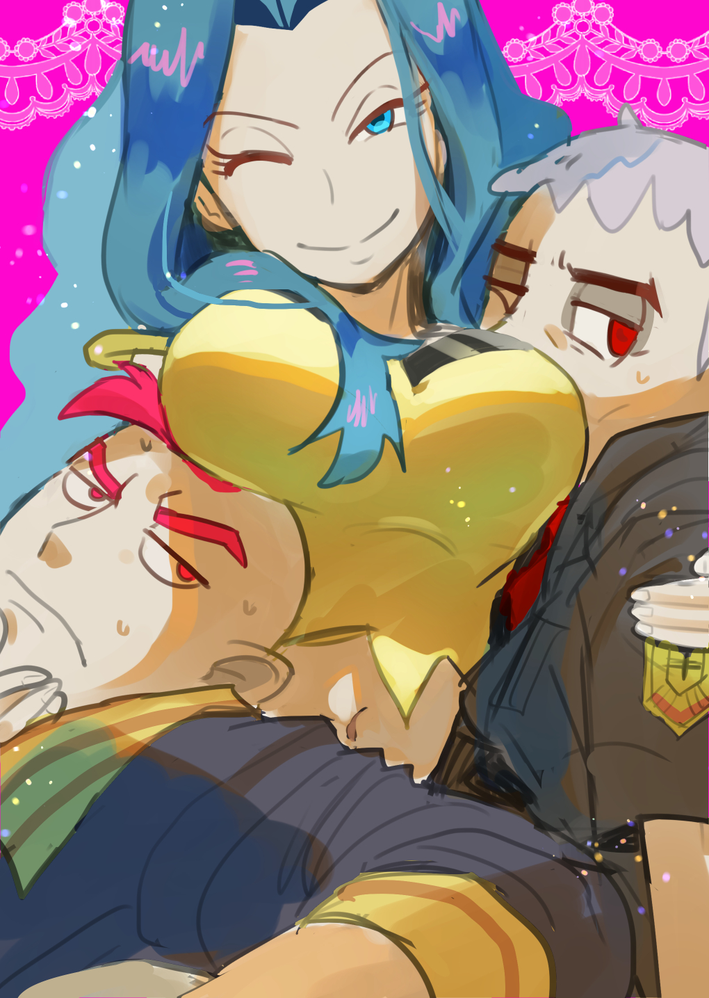 1girl 2boys bald bare_arms black_jacket blue_eyes blue_hair breast_focus breast_rest breasts breasts_on_head crop_top grey_hair half-closed_eyes hand_on_another's_arm hand_on_another's_back hand_on_another's_chin highres jacket karen_(pokemon) large_breasts light_blue_hair long_hair mature_male midriff multiple_boys nanu_(pokemon) niji_(shihio) one_eye_closed parted_bangs parted_hair pink_background pokemon pokemon_(game) pokemon_hgss pokemon_oras pokemon_sm red_eyes red_hair red_shirt shirt short_sleeves sidney_(pokemon) sleeves_past_elbows spaghetti_strap spiked_hair sweat yellow_shirt