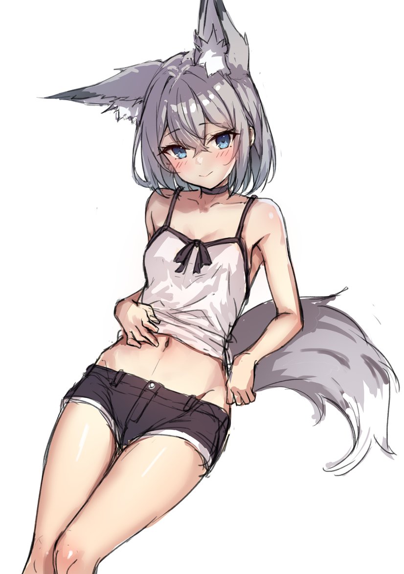 1girl animal_ear_fluff animal_ears bare_arms bare_shoulders black_choker black_shorts blue_eyes blush camisole choker closed_mouth collarbone commentary_request feet_out_of_frame grey_hair groin hair_between_eyes looking_at_viewer navel original ryuinu short_shorts shorts simple_background smile solo tail white_background white_camisole