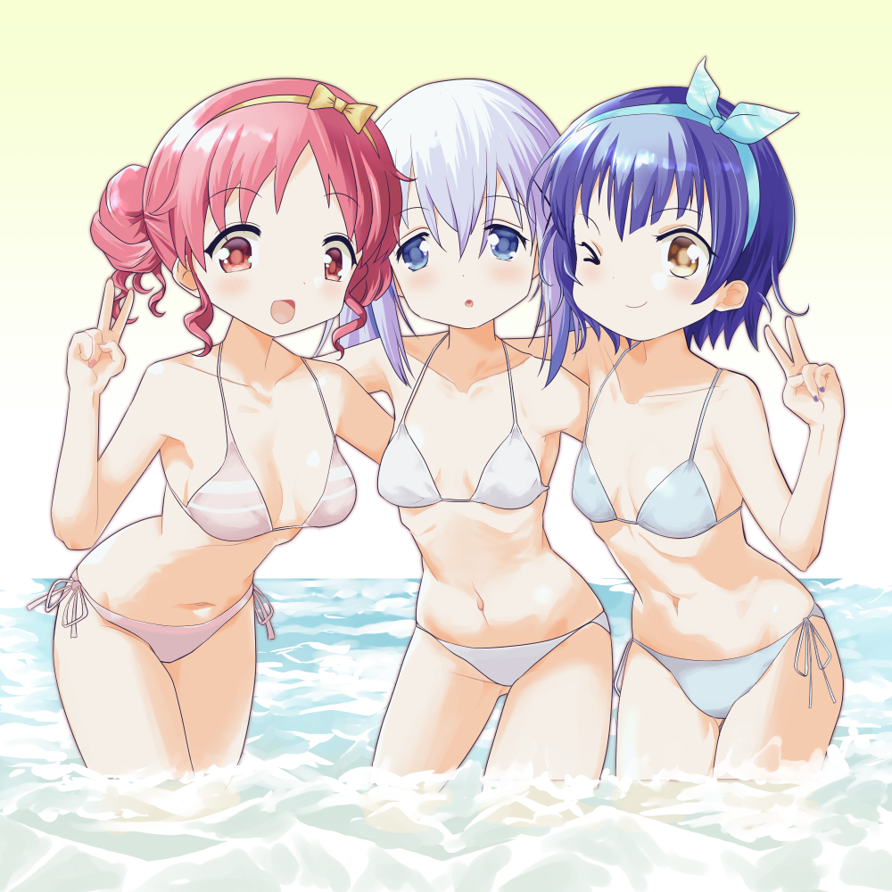 3girls bikini blue_bikini blue_eyes blue_hair blue_hairband breasts brown_eyes double_bun gochuumon_wa_usagi_desu_ka? hair_bun hairband icegeo jouga_maya kafuu_chino leaning_forward multiple_girls natsu_megumi one_eye_closed pink_bikini red_eyes red_hair short_hair side-tie_bikini_bottom small_breasts swimsuit wading water white_bikini white_hair