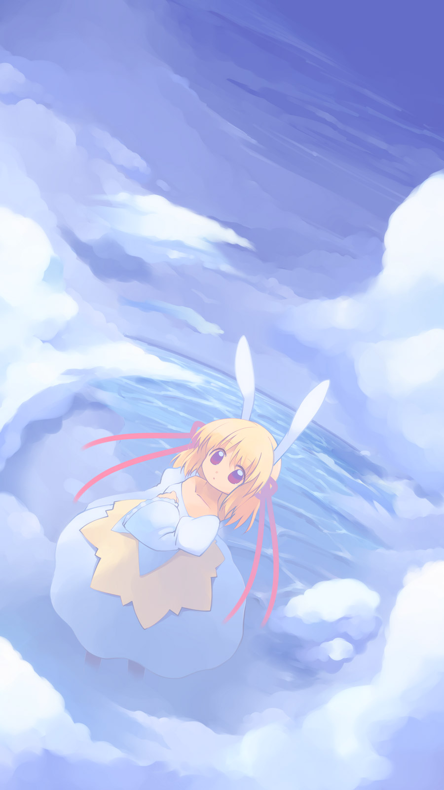 1girl animal_ears bangs blonde_hair blue_dress blue_sky breasts caustics closed_mouth cloud collarbone commentary_request dress emurin expressionless full_body hair_ribbon highres juliet_sleeves long_sleeves looking_at_viewer medium_breasts medium_hair ocean original outdoors puffy_sleeves rabbit_ears red_eyes red_ribbon ribbon sky solo strapless strapless_dress water