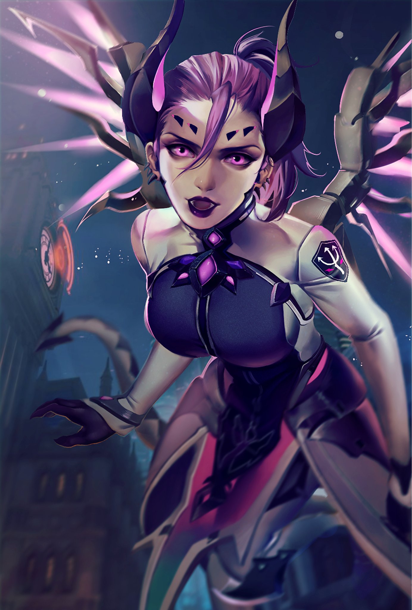 1girl bodysuit clock clock_tower dark_persona demon_horns facial_mark floating forehead_mark glowing glowing_wings hair_between_eyes highres horns imp_mercy lipstick looking_at_viewer makeup mechanical_wings mercy_(overwatch) open_mouth overwatch overwatch_1 pink_eyes purple_hair purple_lips purple_wings solo tobu_0w0 tower wings