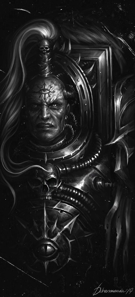 1boy abbadon_the_dispoiler armor breastplate chaos_(warhammer) clenched_teeth commentary english_commentary eyes_of_horus_(warhammer_40k) greyscale hair_ornament heresy high_ponytail long_hair monochrome ornate ornate_armor pelt ponytail power_armor shoulder_armor signature skull skull_hair_ornament skull_ornament teeth terminator_armor veronica_anrathi warhammer_40k wolf_pelt