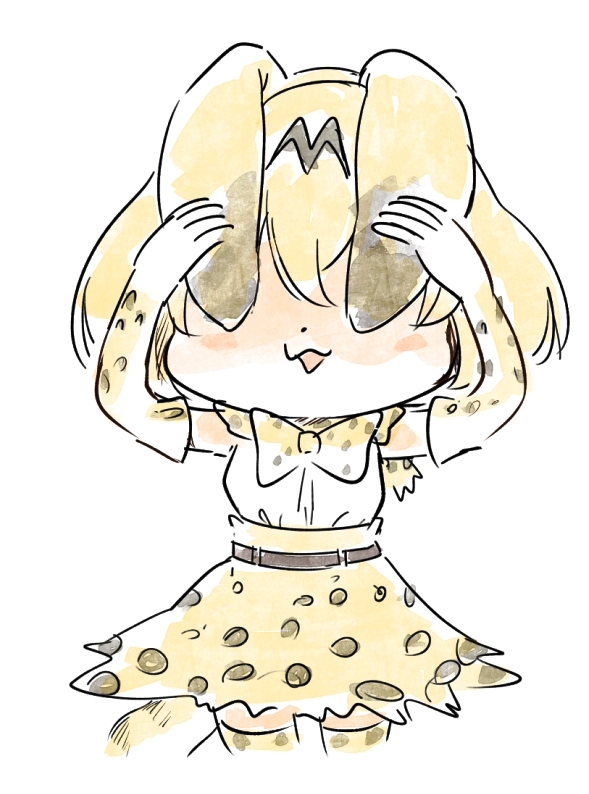 1girl :3 animal_ears animal_print arms_up bare_shoulders belt black_belt blonde_hair blush_stickers bob_cut bow bowtie covered_eyes covering_own_eyes cowboy_shot cropped_legs dot_nose elbow_gloves gloves high-waist_skirt kemono_friends pale_color panzuban parted_lips print_bow print_bowtie print_gloves print_skirt print_thighhighs serval_(kemono_friends) serval_print shirt_tucked_in short_hair simple_background skirt sleeveless solo tail white_background zettai_ryouiki